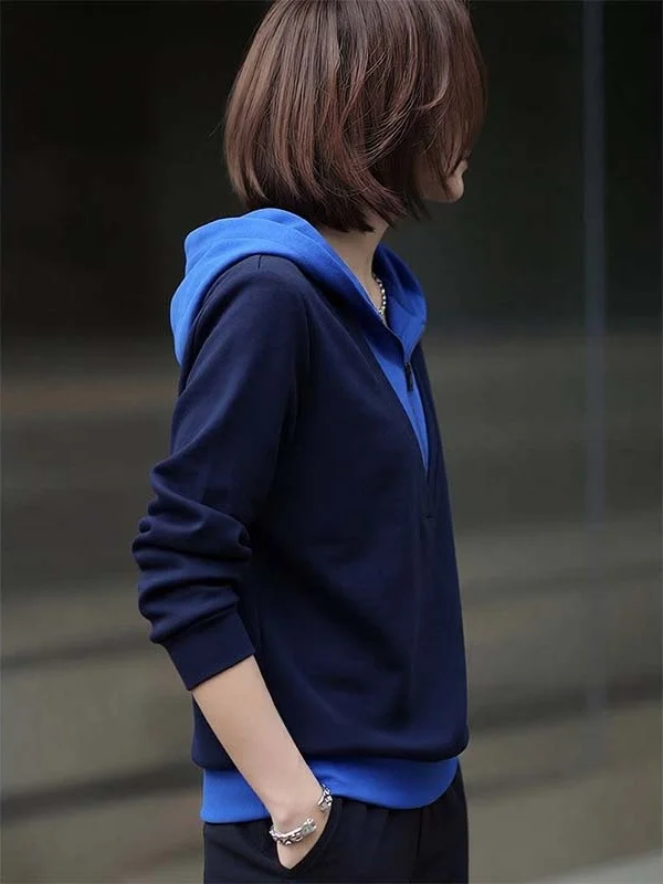2026 New Autumn Fashion High-End Color Block Hoodie Women's Slimming Versatile Lazy Style Top Loose Fit Polyester Long Sleeve...