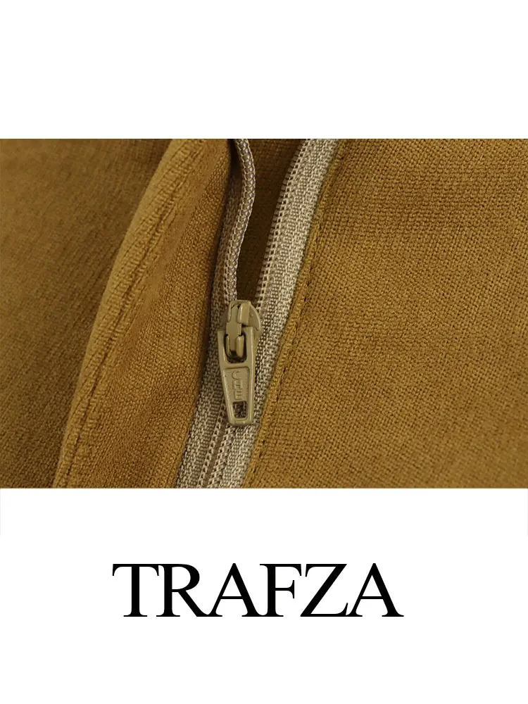 TRAFZA Donna Streetwear Retro Khaki Bloomers larghi Vita alta Cerniera Tasche laterali Pantaloni casual a gamba larga da donna eleganti