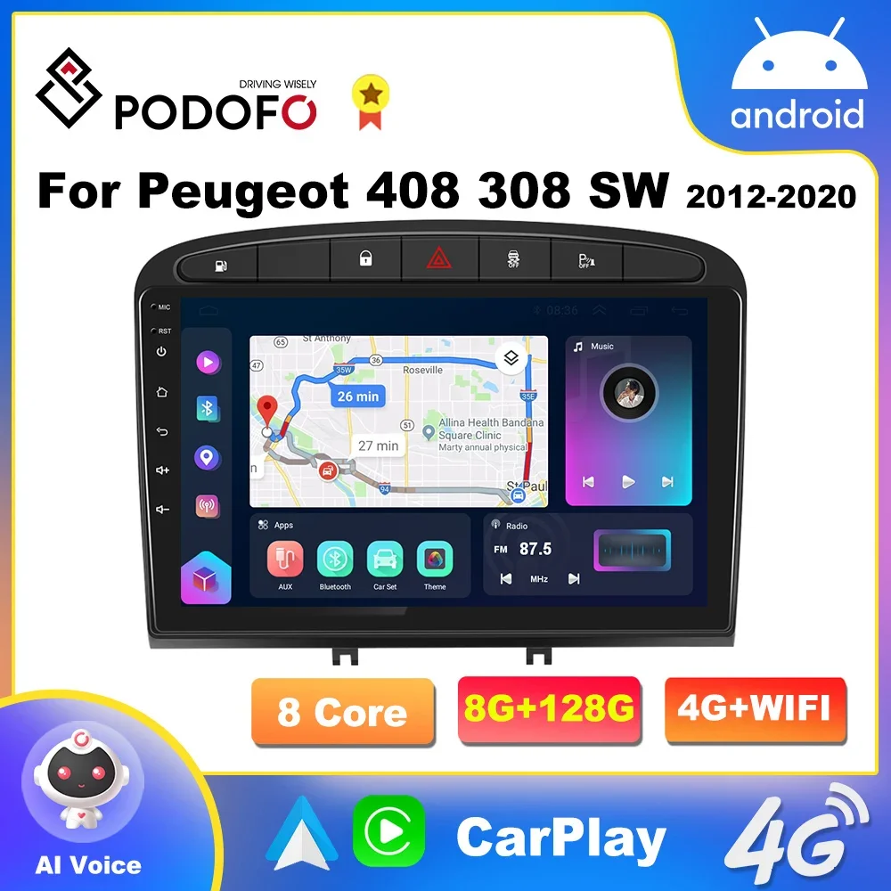 

Podofo 4G CarPlay Android Auto For Peugeot 408 308 SW 2012-2020 Android Radio 9" Car Multimedia Player 2 Din Head Unit Stereo