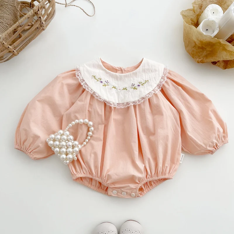 

2024 New Autumn 0-24M Children Clothes Newborn Baby Girls Bodysuits Long Sleeved Cotton Embroidery Splicing Infant Baby Jumpsuit