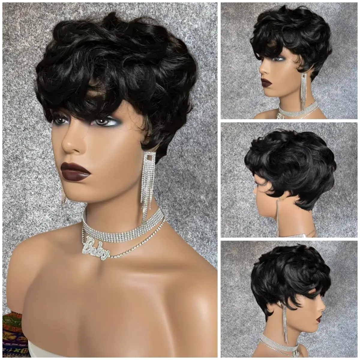 Short Pixie Wigs for Black Women Short Black Curly Pixie Wigs Synthetic Hair Wigs for Black Women Natural Wavy Black Pixie Cut W