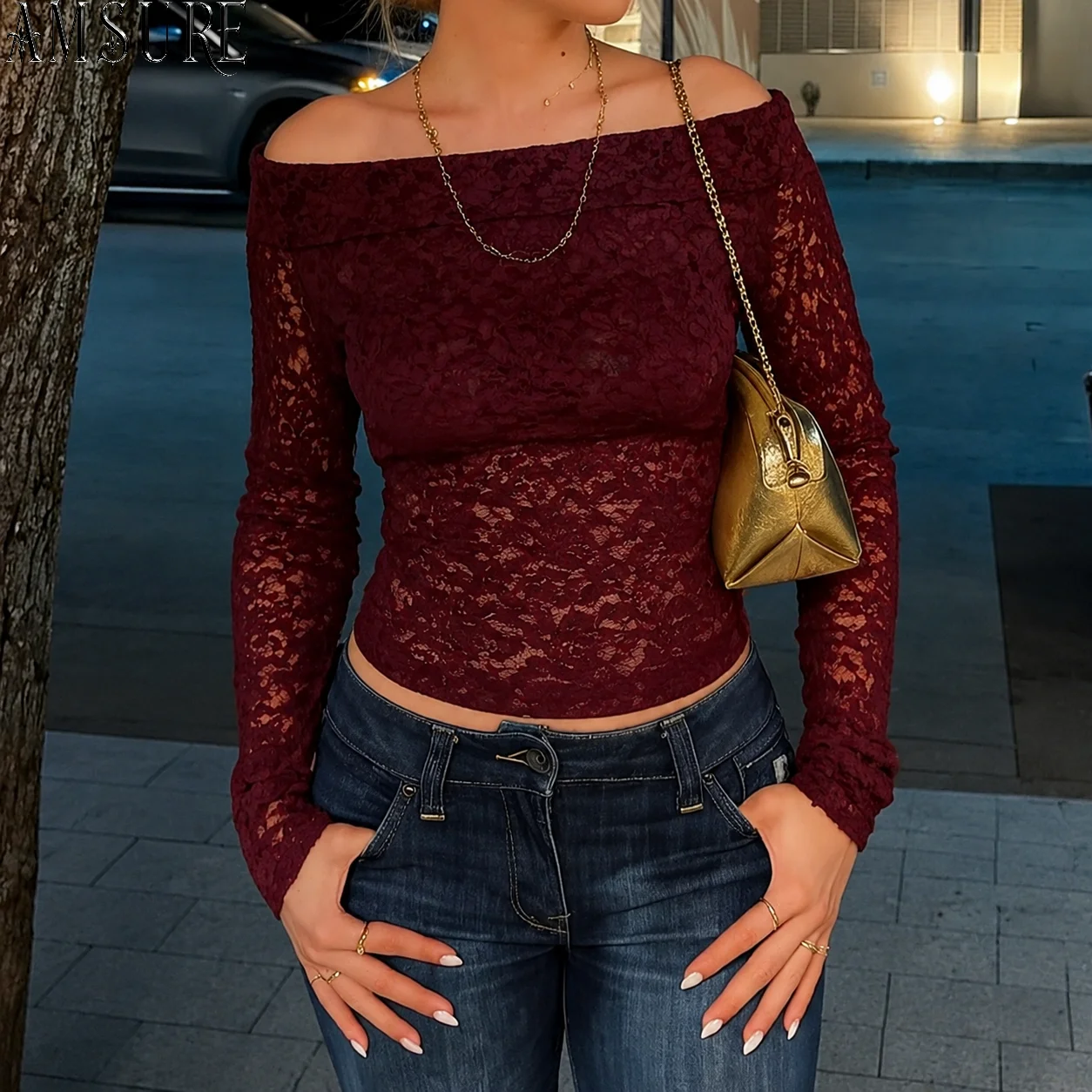 Women's Wine Red Off-Shoulder Lace Bodysuit T-Shirts Long Sleeve Floral Hollow-Out Tops Slim Fit Party Clubwear Autumn Clothes