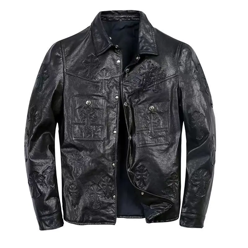 Fashion High Street Genuine Leather Motorcycle Jacket Black Men's Cross Embroidered Coat Real Cow Leather Men Clothing XL - 6XL