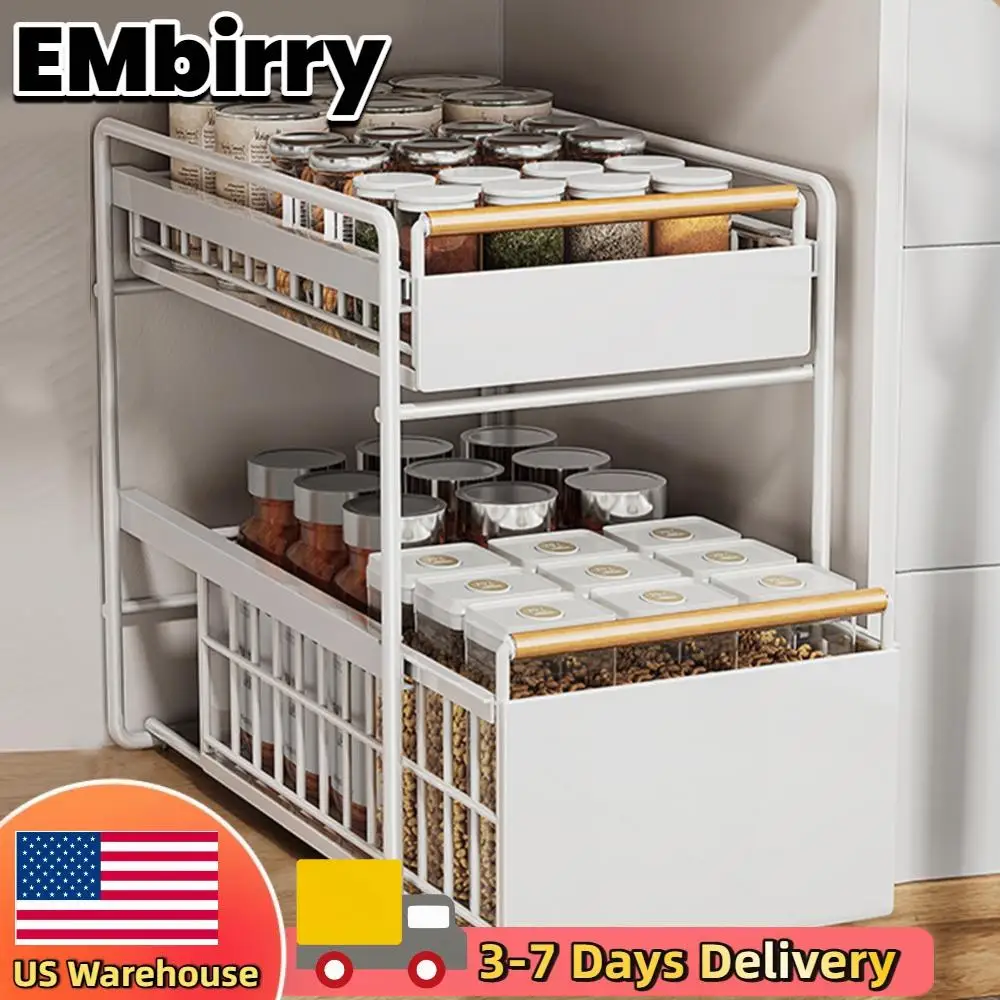 

2-Tier Slide Storage Drawer with Hooks Multifunction Storage Holder Large Capacity Under Sink Basket Drawer for Home Desk Shelf