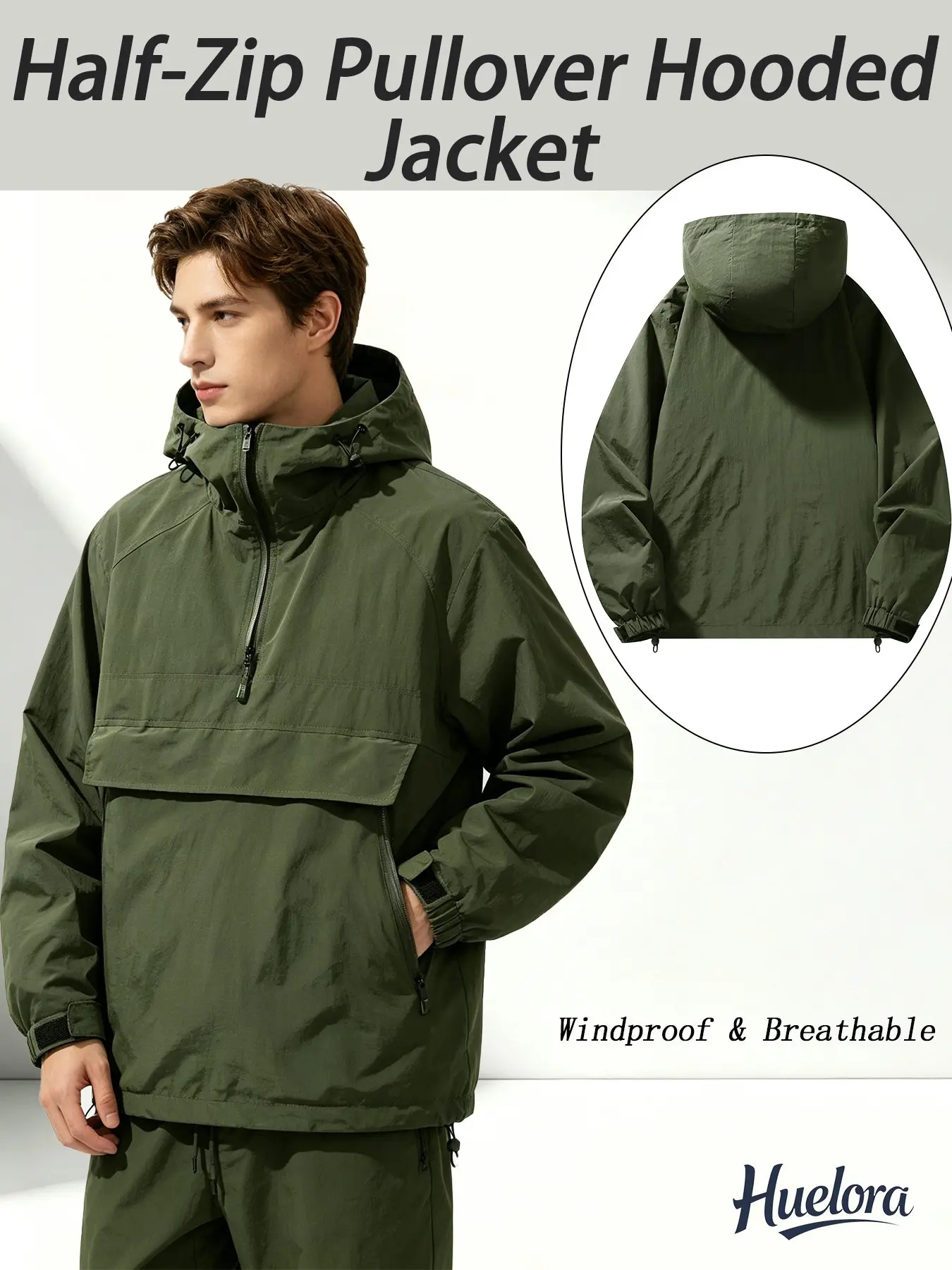 Men Half‑Zip Pullover Anorak Hooded Jacket Windproof Breathable Outdoor Windbreaker Multi Pockets Casual Hoodie Coat