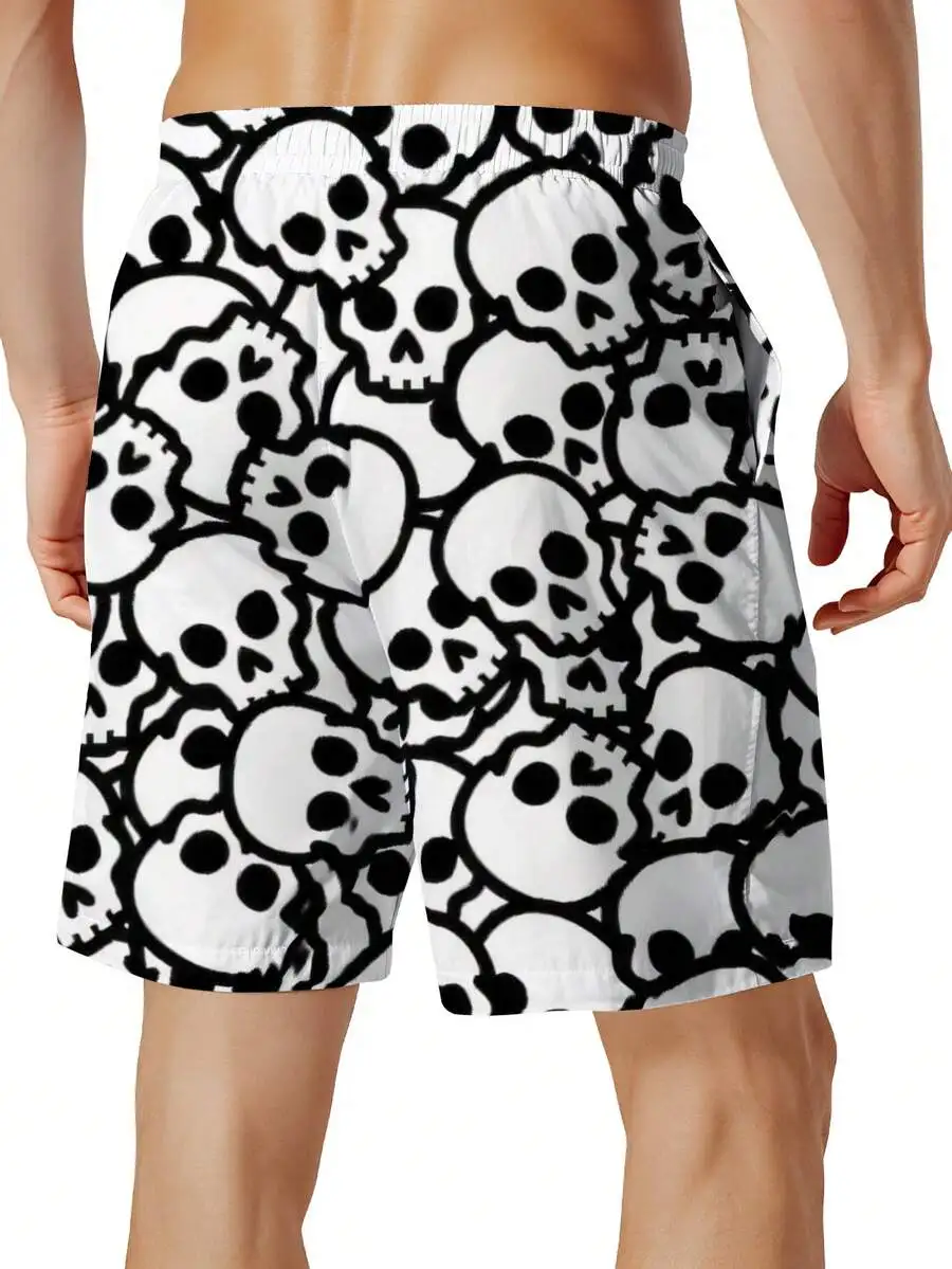

Mens Black And White Skull Print Quick-Dry Boardshorts For Beach Summer Casual Use