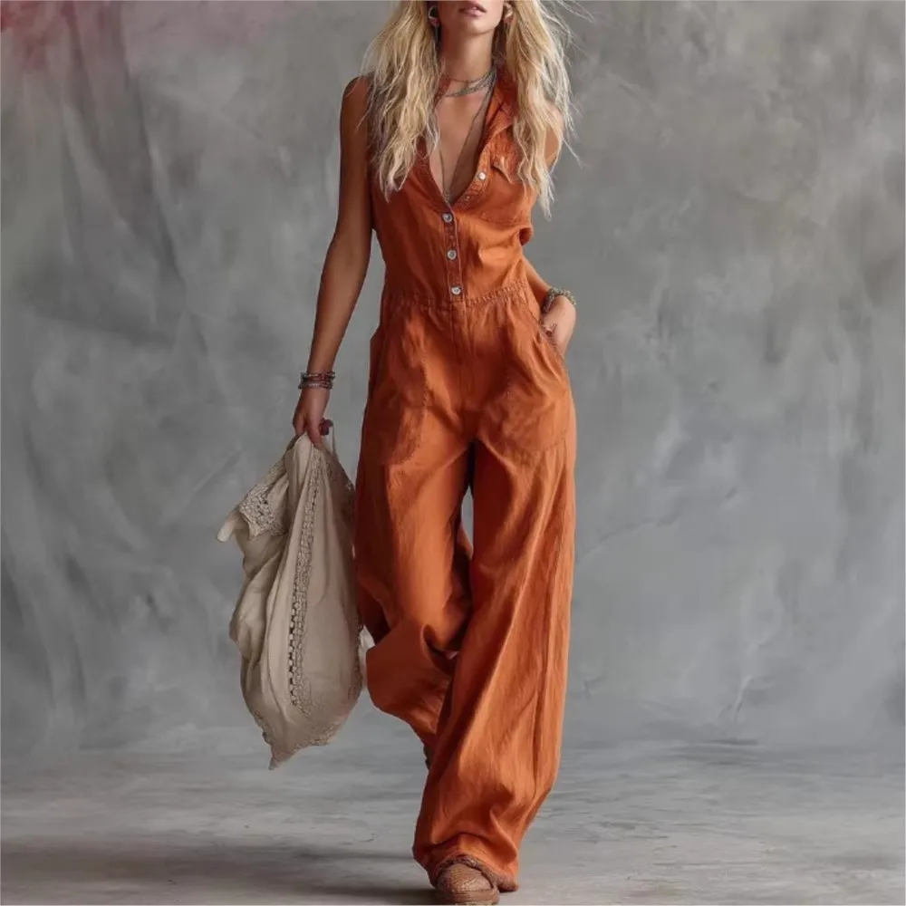 

Fashionable Western Style V-neck Sleeveless Jumpsuit Summer Women's New Fashion Single-breasted New Casual Jumpsuit With Pockets