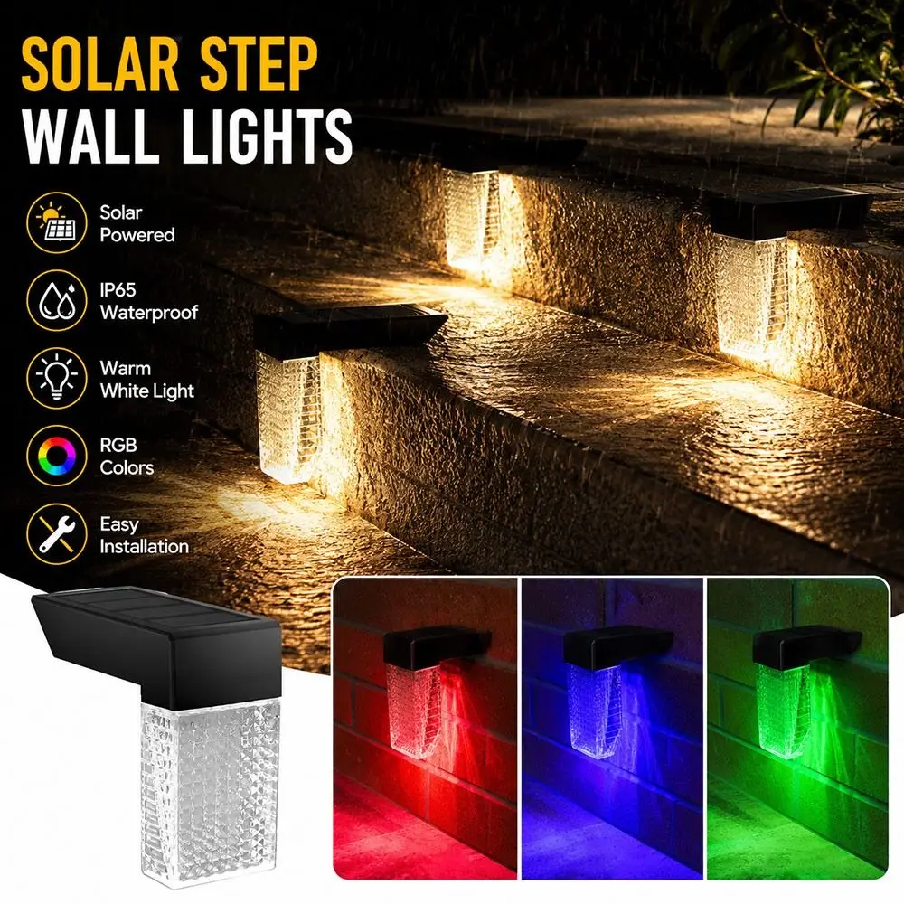 New LED Solar Deck Light IP65 Waterproof Color Changing Solar Wall Lamp Wireless Installation Solar Step Light Outdoor