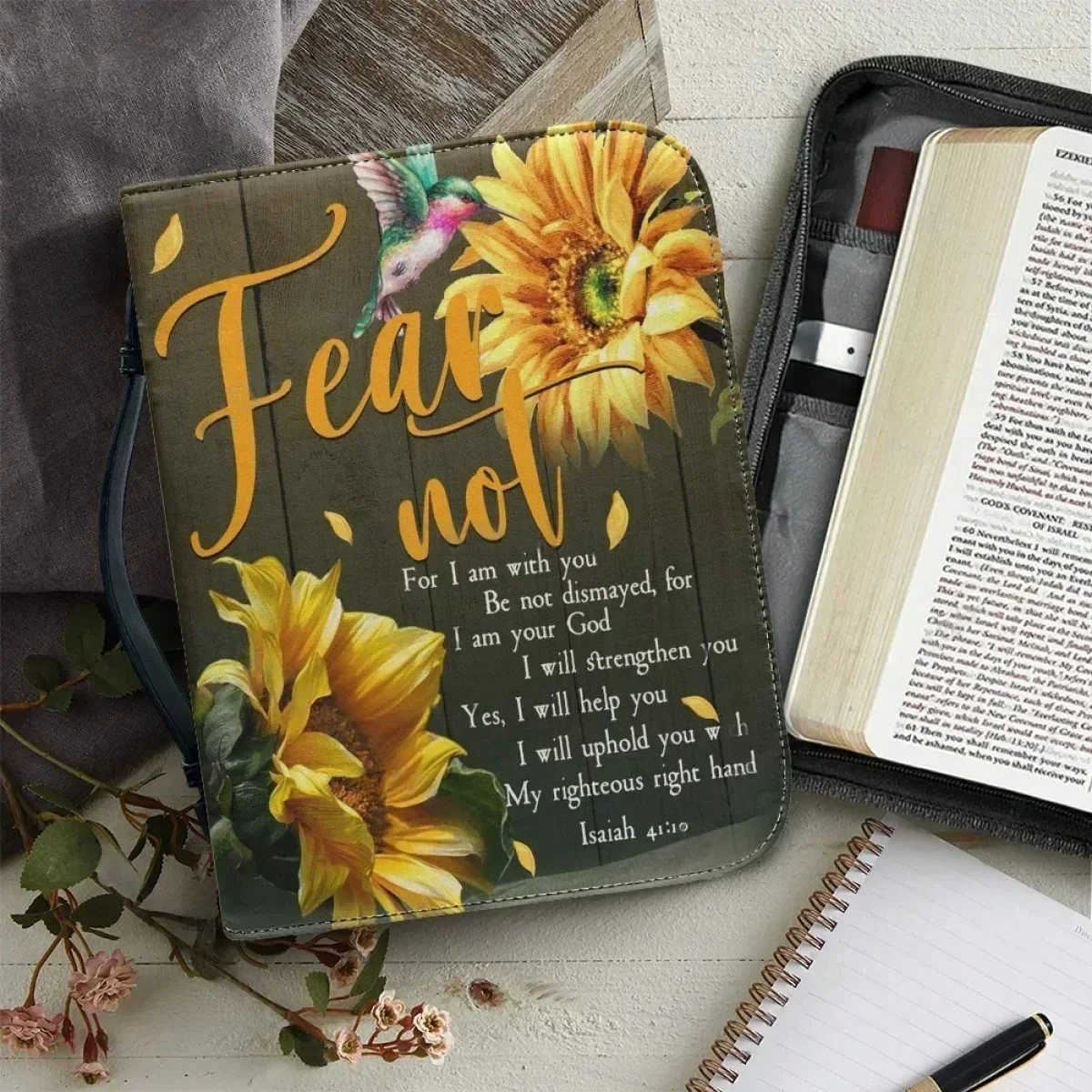 

New Women's Sunflower Bible Poem Printing Bible Cover Case Classic Practical Handbags Zippered Handle Leather Bible Storage Bags