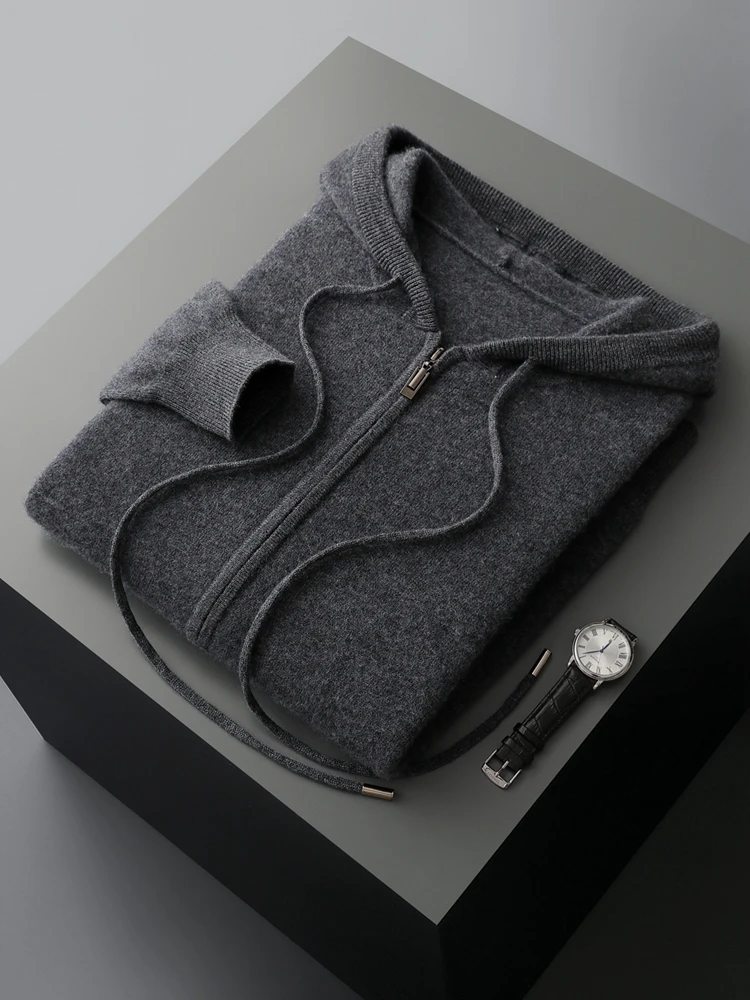 

Осень-зима, новый кардиган из 100% чистой шерсти, мужской свитер с капюшоном, однотонная молния, простой повседневный деловой свободный вязаный свитер, куртка