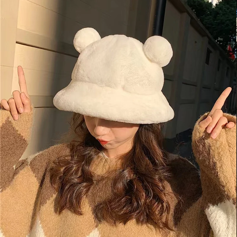 

New2022Fashion Autumn and Winter Leopard Fur Bucket Hat Bear Ear Ball Plush Soft Warm Thickened Protection Pot Cap Bob Wholesale