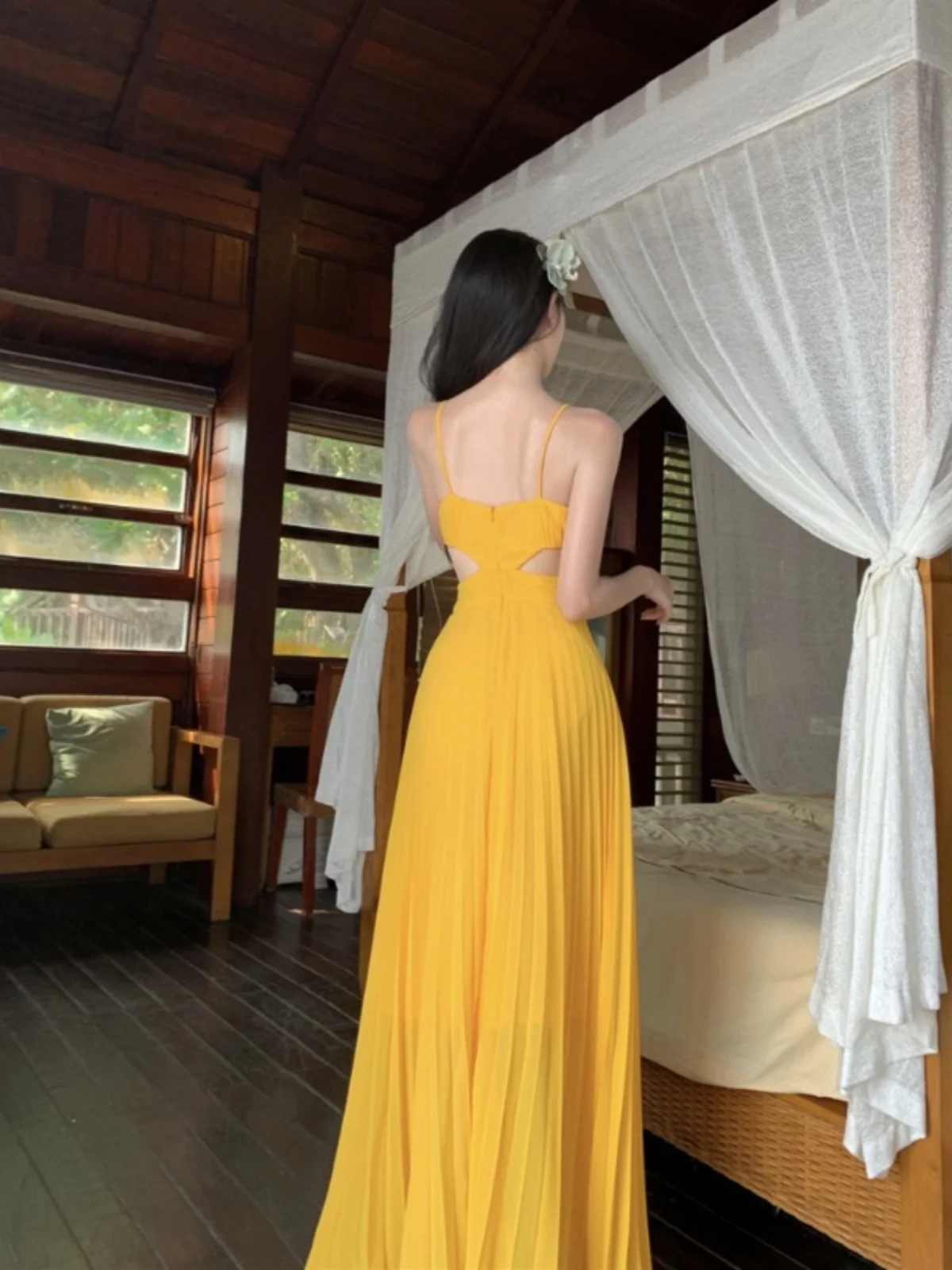 Vestido Largo de Playa, Color Amarillo, Estilo Delgado, con Tirantes, Falda Midi Informal de Cintura Alta, Ropa de Verano