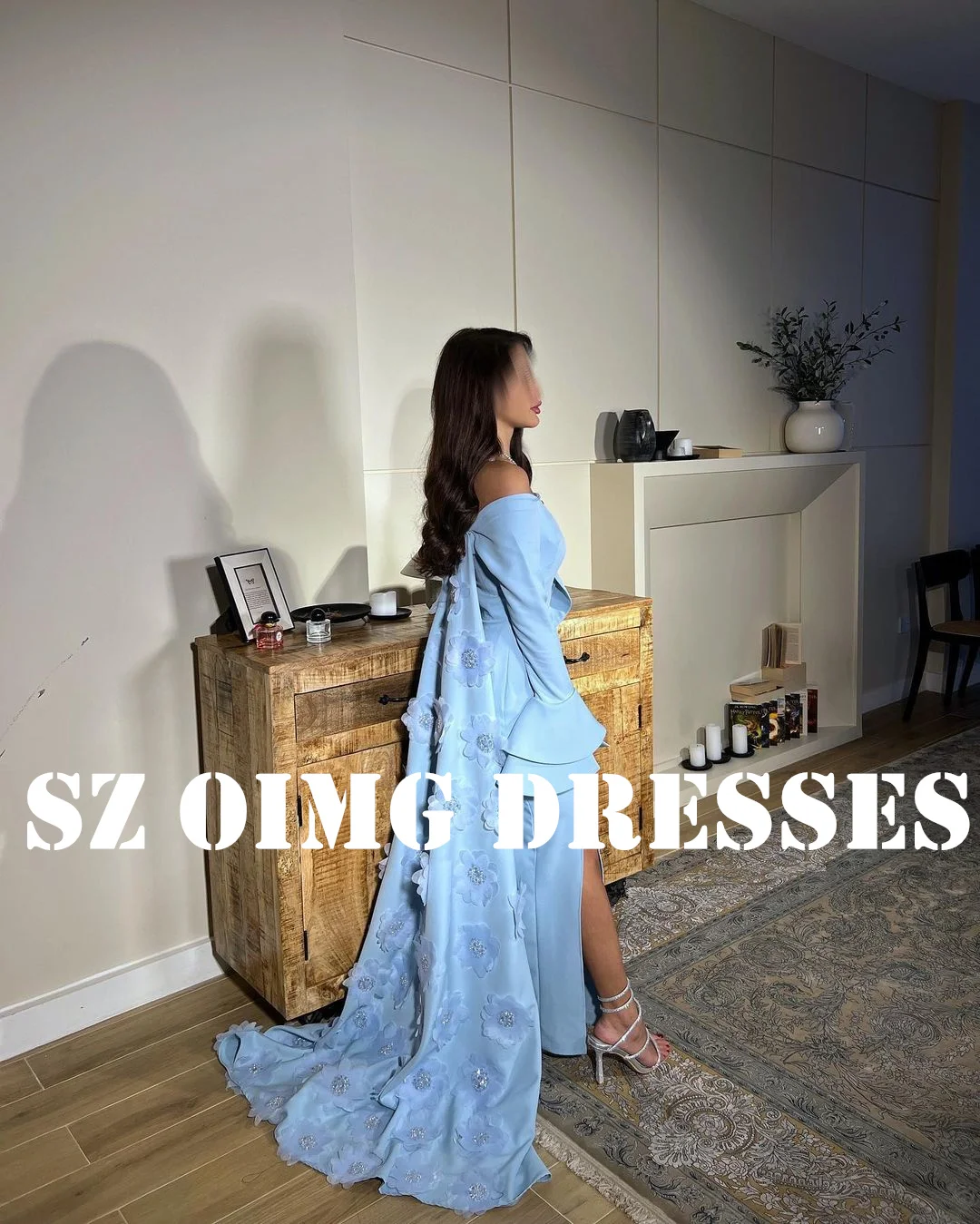 OIMG New Design Off-Shoulder Sheath Prom Dresses Saudi Arabic Women Satin Appliques Sky Blue Evening Gowns Formal Party Dress