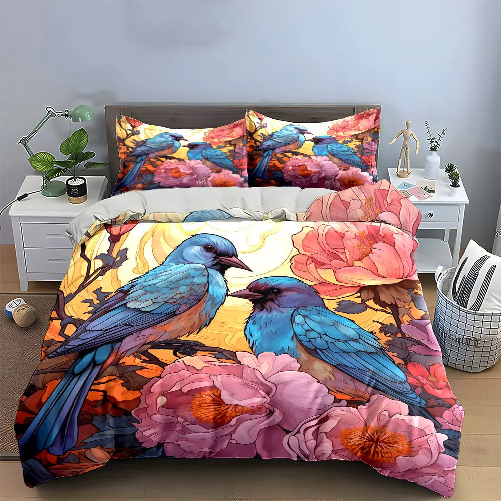 

Floral Birds Art Decor Set Bedding Set with 1 Duvet Cover 2 Pillowcases Single Double King Queen, Gift