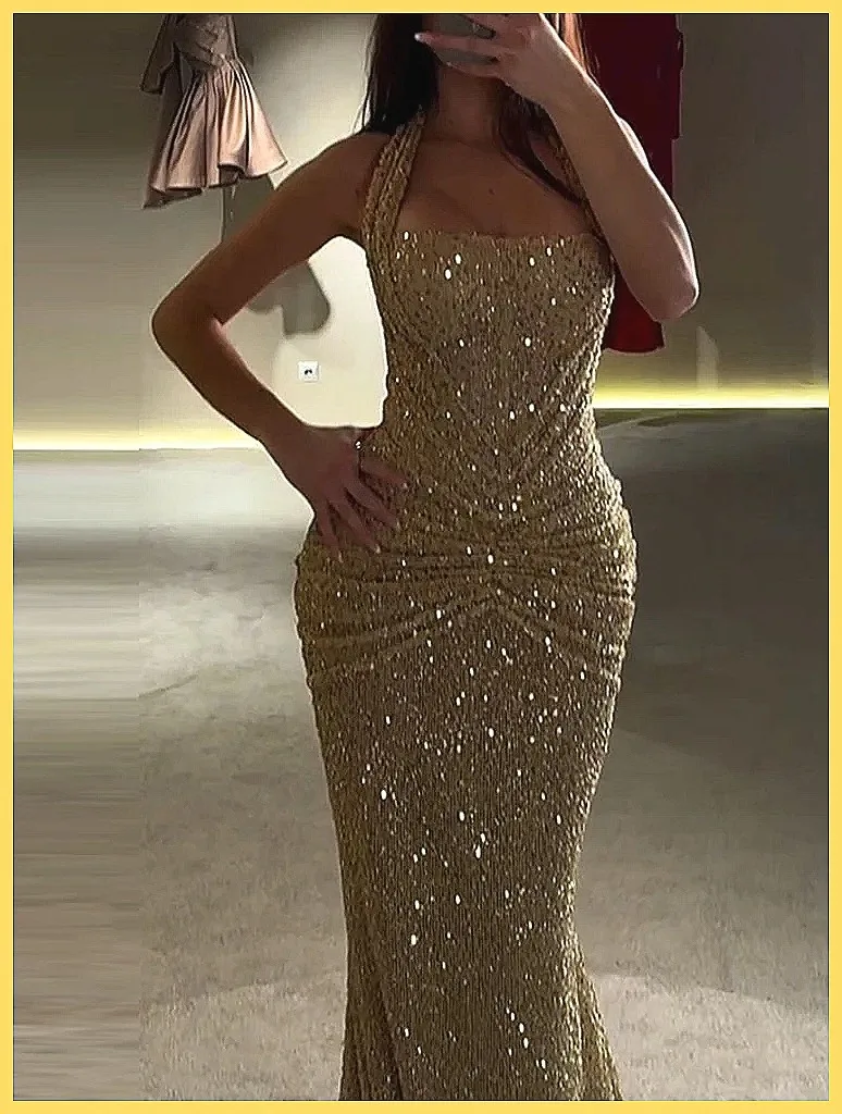 Elegante Abito da Sera Senza Maniche con Paillettes Luccicanti, Vestito Lungo con Schiena Scoperta e Dettagli Traforati per Banchetti Estivi