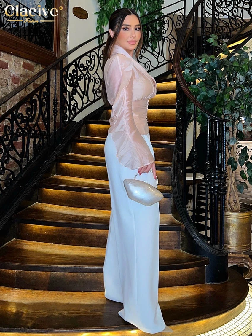 Clacive Sexy Slim Pink Women's Shirt 2025 Fashion V-Neck Long Sleeve Shirts Elegant Classic Ruffles Solid Top Female Clothing