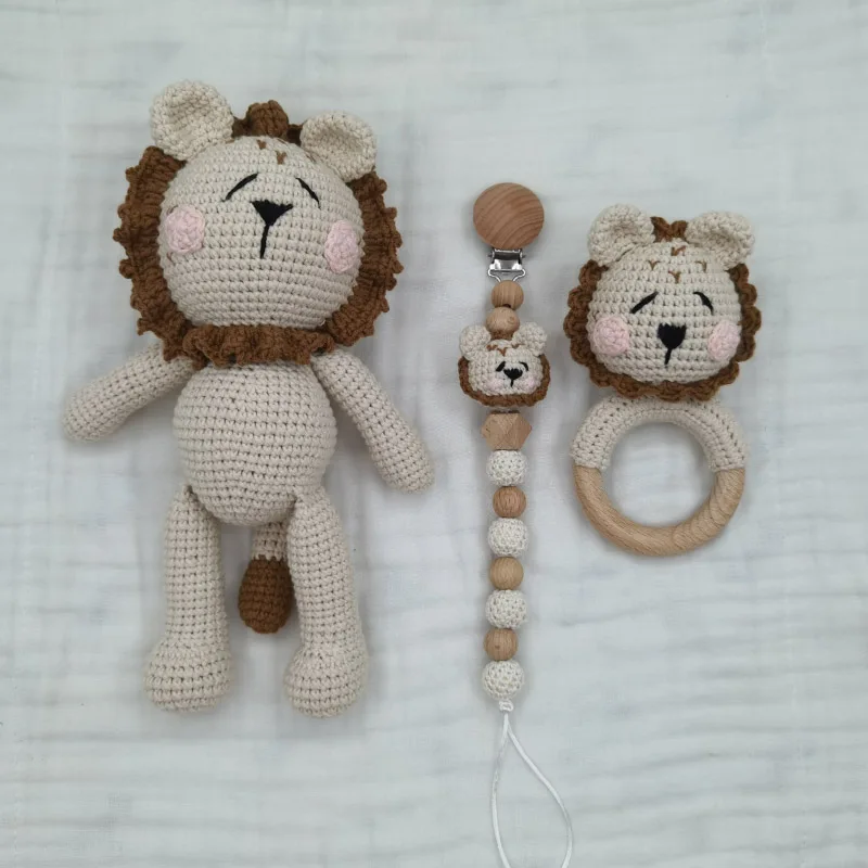 Amigurumi Crochet Lion Baby Teether kawaii Stuffed Animal Doll Beech Wood Newborn Teether Ring Pacifier Clip Baby Birth Gift Box