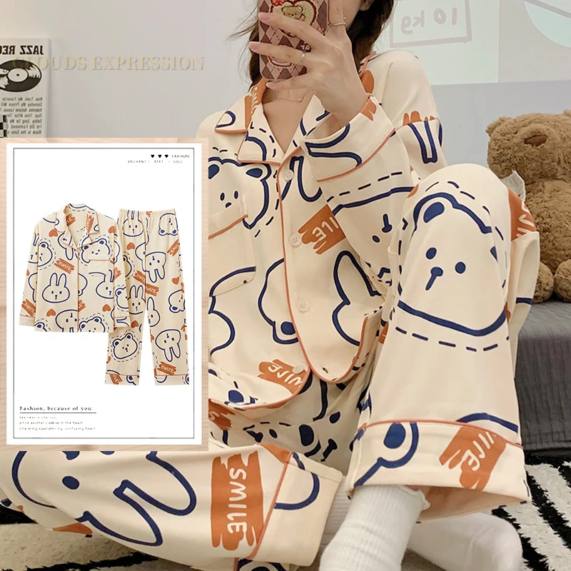 Spring Autumn Knttted Womens Pajamas Sets Lapel Funny Pjs Cartoon Sleepwear Plaid Homewear Girl Pijamas Mujer Pyjama 3XL Fashion