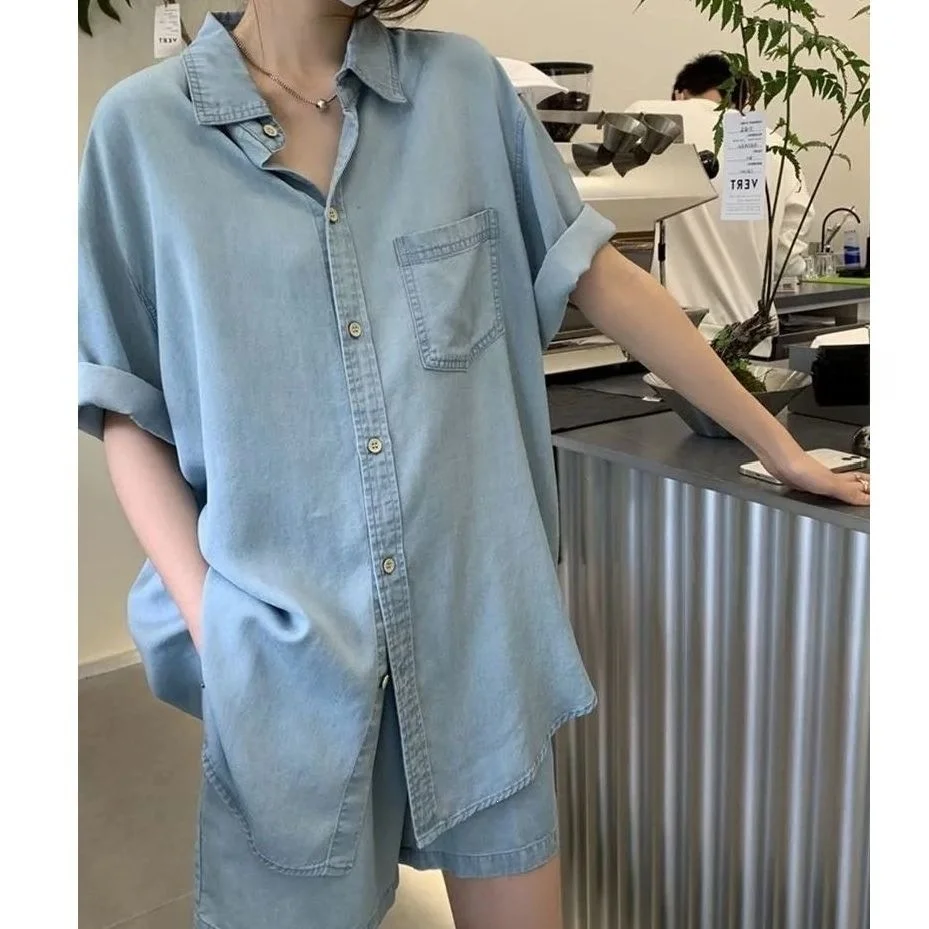 Salt And Sweet Style Women's Summer Casual Thin Denim Shirt Set Short Pants Two-Piece Suit Cotton Polyester Blend Long Sleeve