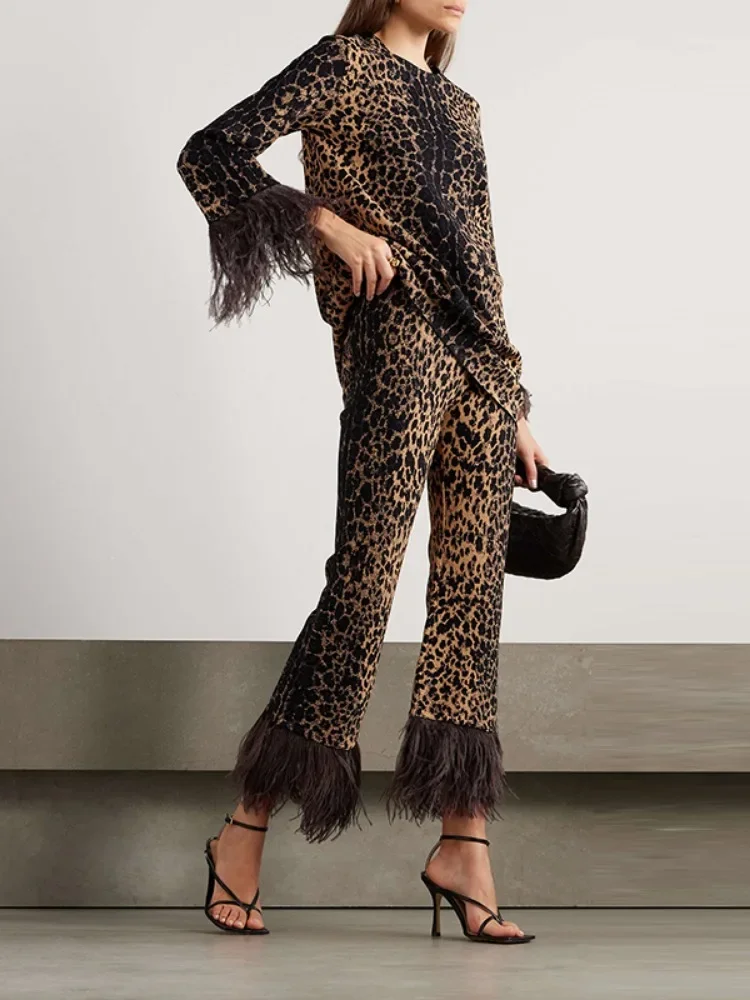 Missuoo 2024 Autumn New Leopard Printed Feathers Suits Round Neck Long Sleeve Tops High Waist Straight Pants Elegant Pant Sets