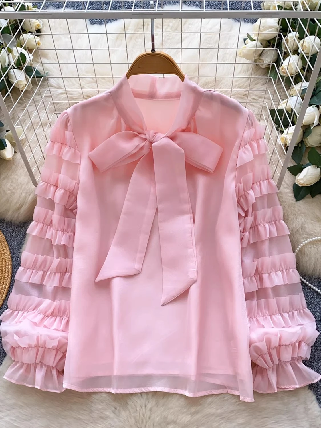 

Женская сетчатая рубашка с длинными рукавами и кружевной отделкой, новая модная свободная повседневная блузка на весну и осень