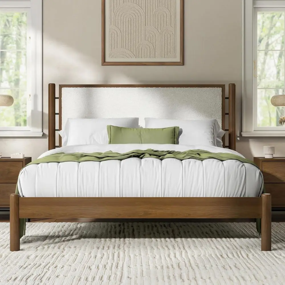 

DG Casa Queen Size Solid Wood Brown with Upholstered Boucle board, ern Bed e