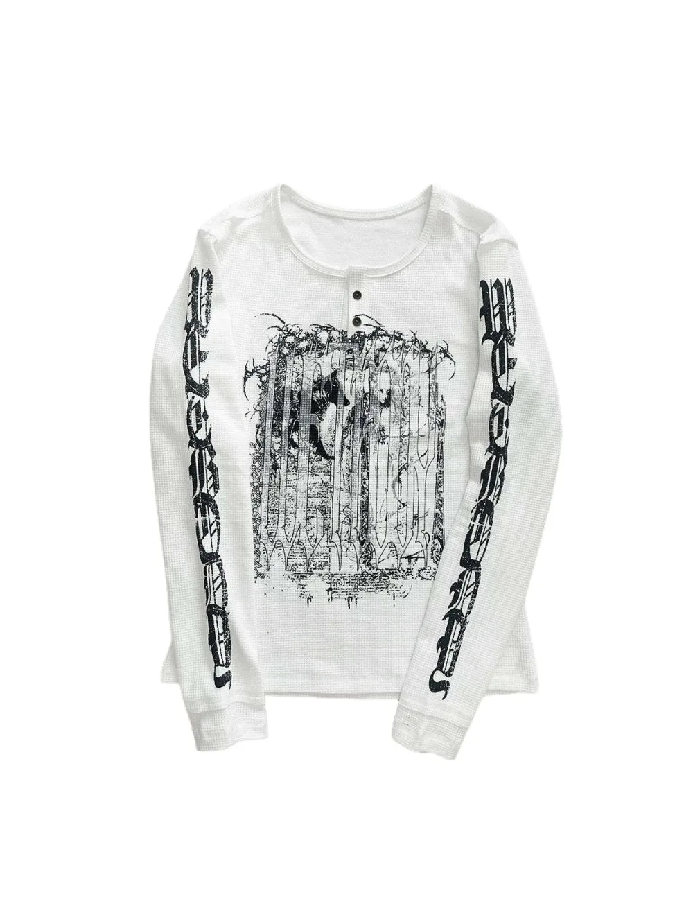 2026 New Retro Subculture Waffle Casual Long Sleeved Top With Henry Collar, Vintage Gothic Print, Unisex Street Trend, Niche Ins