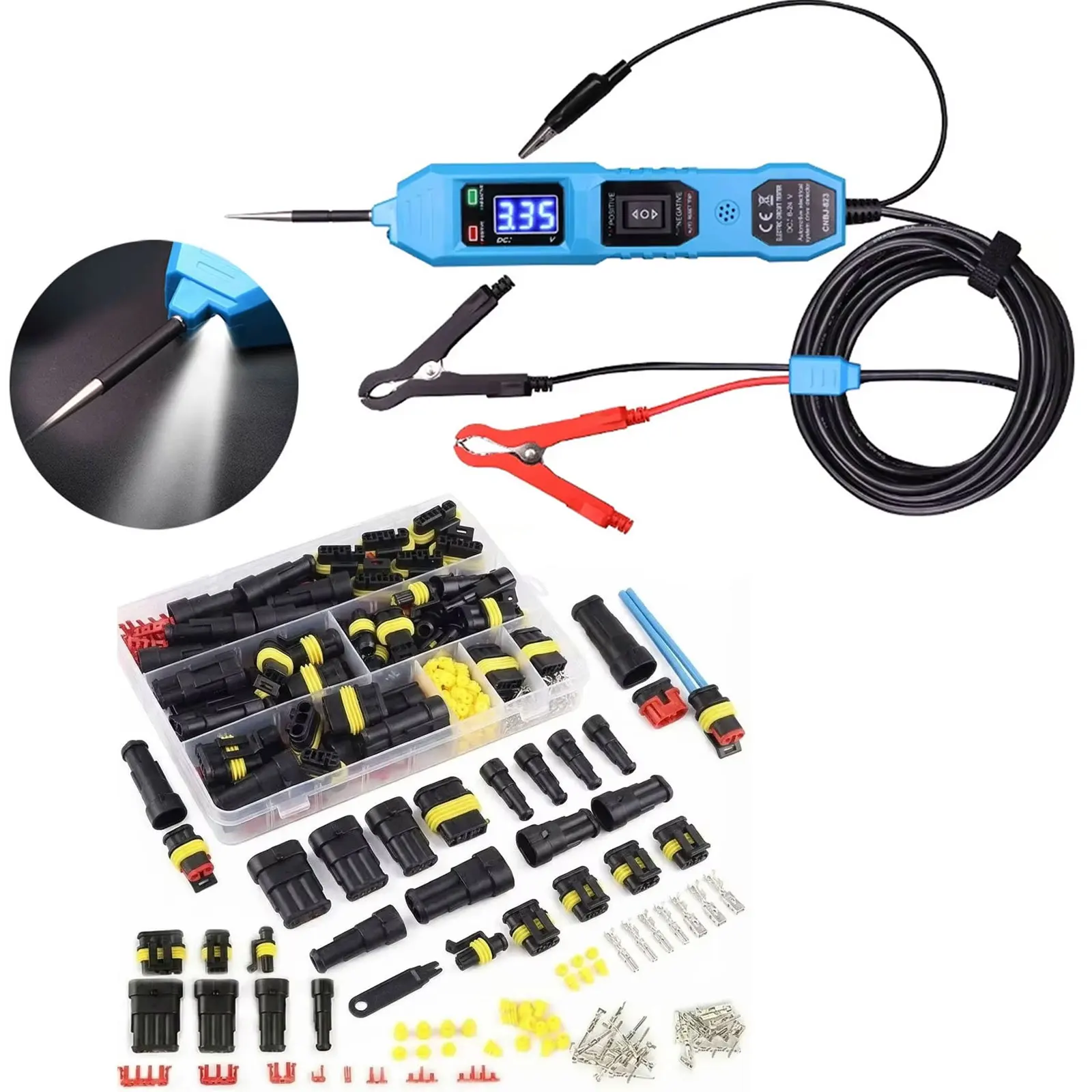

Professional Diagnostic & Wiring Combo: Digital LCD Car Circuit Tester (12V/24V) & 352Pcs Waterproof HID Electrical Connector Kit, Stable Harness Plugs, Precision Diagnostic & Upgrade Tool Set for Electrical Maintenance, Lighting & Wiring DIY