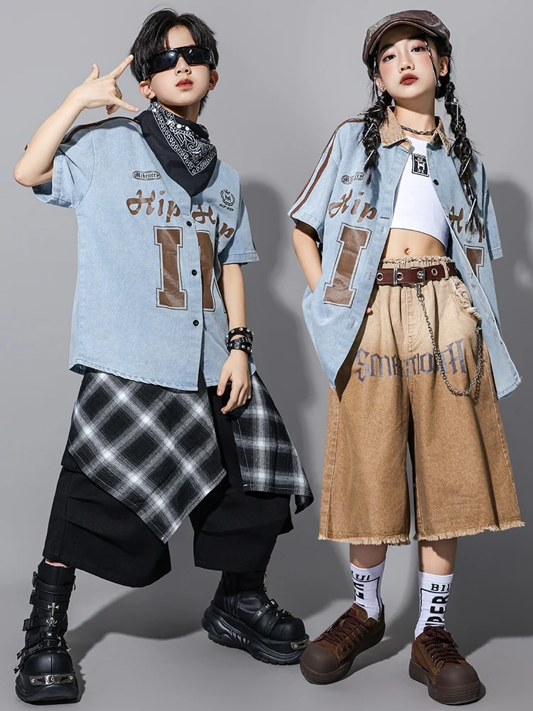 Girls Hip Hop Dance Costume Boys Denim Shirt Short Sleeves Kids Fashion Street Clothing Modern Jazz Dance Outfit Kpop BL16432