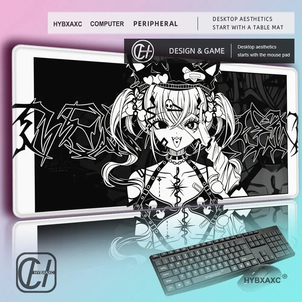 HYBXAXC Black and White Anime Girl Table Mat Large Mouse Pad Keyboard Edge Locking Desk Mat Gaming Accessories Non-slip Mousepad