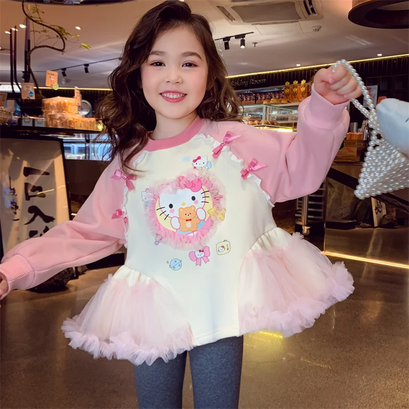 HelloKitty سترة مبطنة بالصوف 2025 جديد الشتاء الأطفال الكورية نمط الكرتون راجلان كم الفتيات شبكة المرقعة البلوز