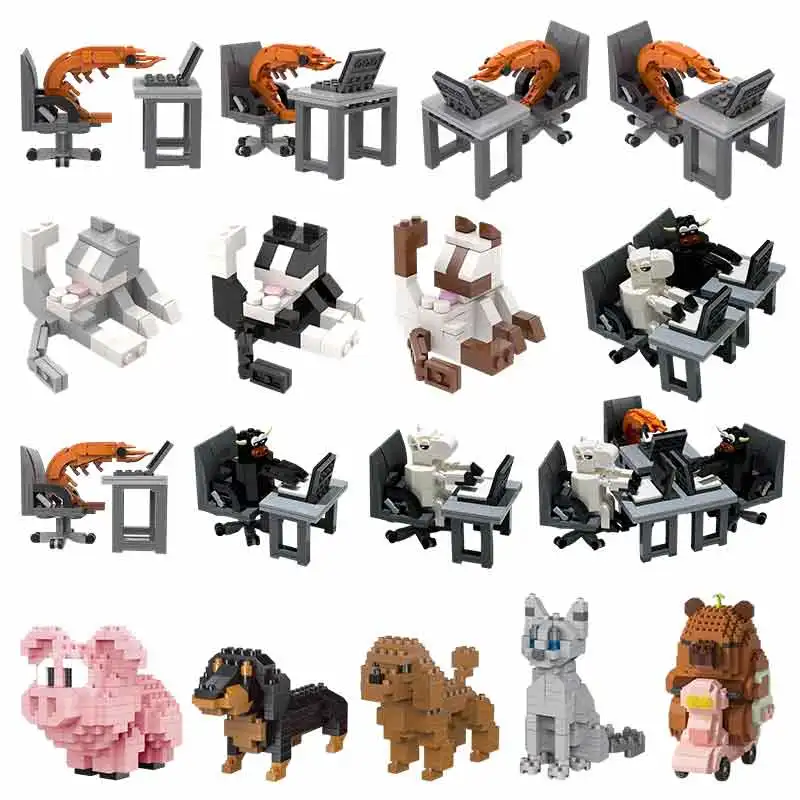 Creative Working Shrimp Model Building Block Cattle Horse Blocks Set Brick Assembly Desktop Ornament Animal Cat Block Toy Gifts