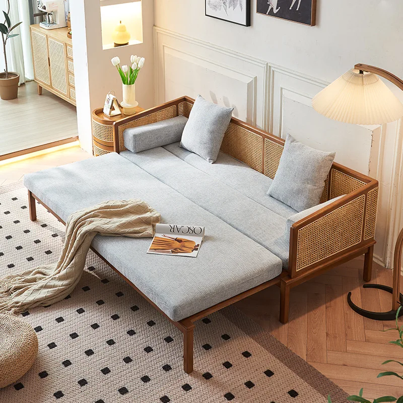 

New Chinese rattan solid wood sofa bed wabi-sabi wind living room fabric ash wood three-person removable and washable sofa