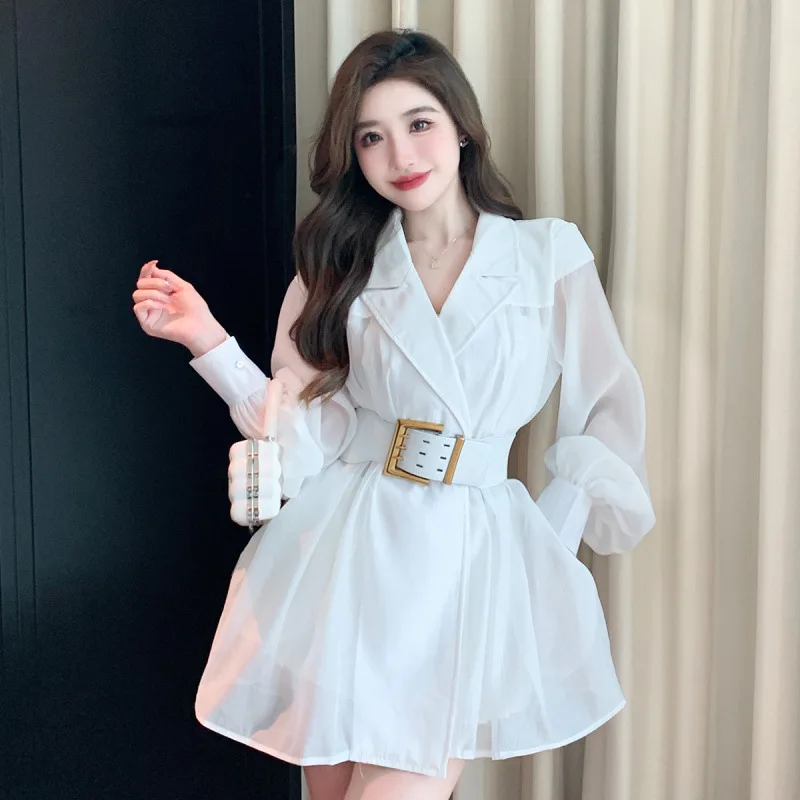 Mesh splicing suit women's loose thin jacket Solid Color Patchwork Lapel Long Sleeve Blazer Women's Spring Fashion Matching Top