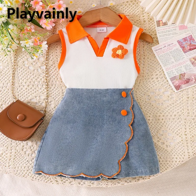 

Летняя одежда для маленьких девочек, оранжево-красная футболка без рукавов с отложным воротником и цветочной аппликацией + шорты, юбка, детская одежда B0287