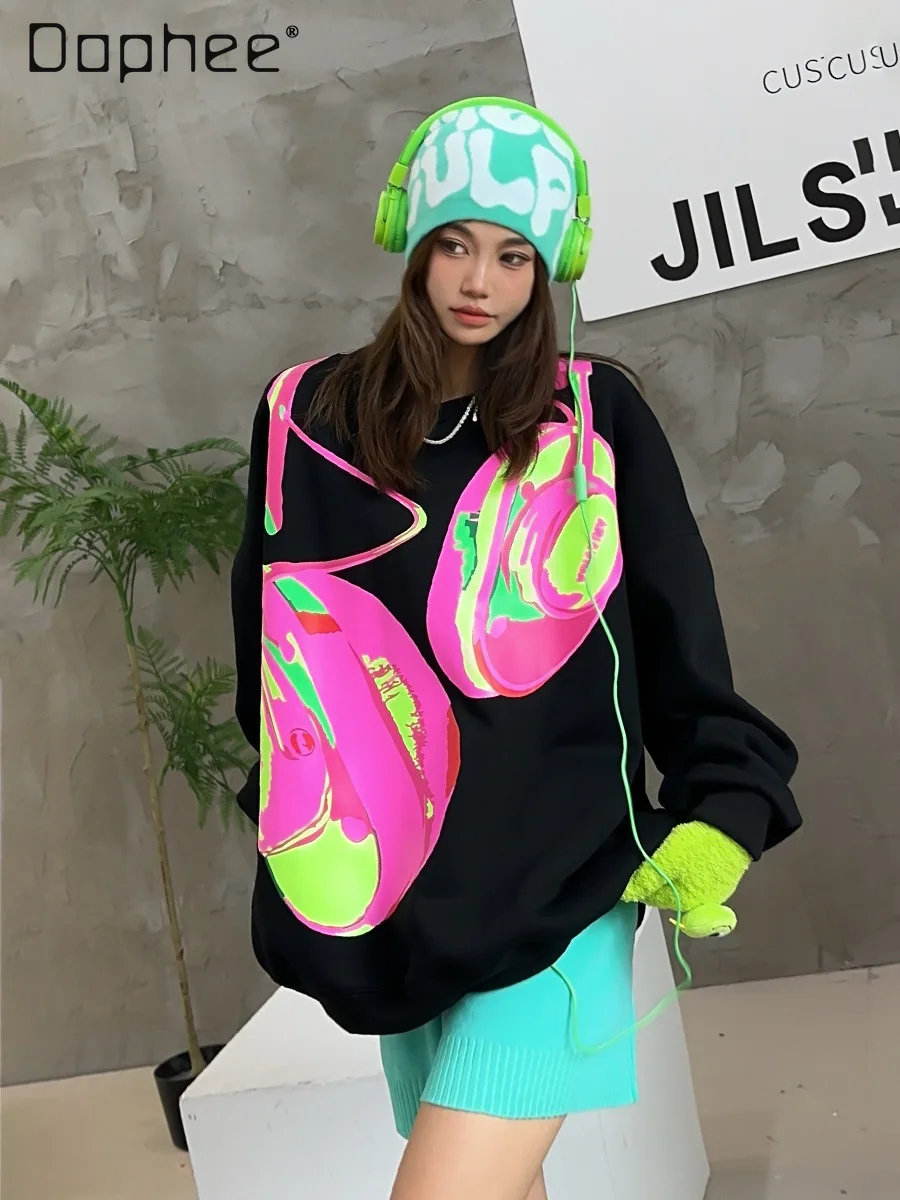 Korean Style Oversized Hoodies Graffiti Full Print Fleece Thickened Mid Length Loose Casual Sweatshirt Top Winter Clothes Women