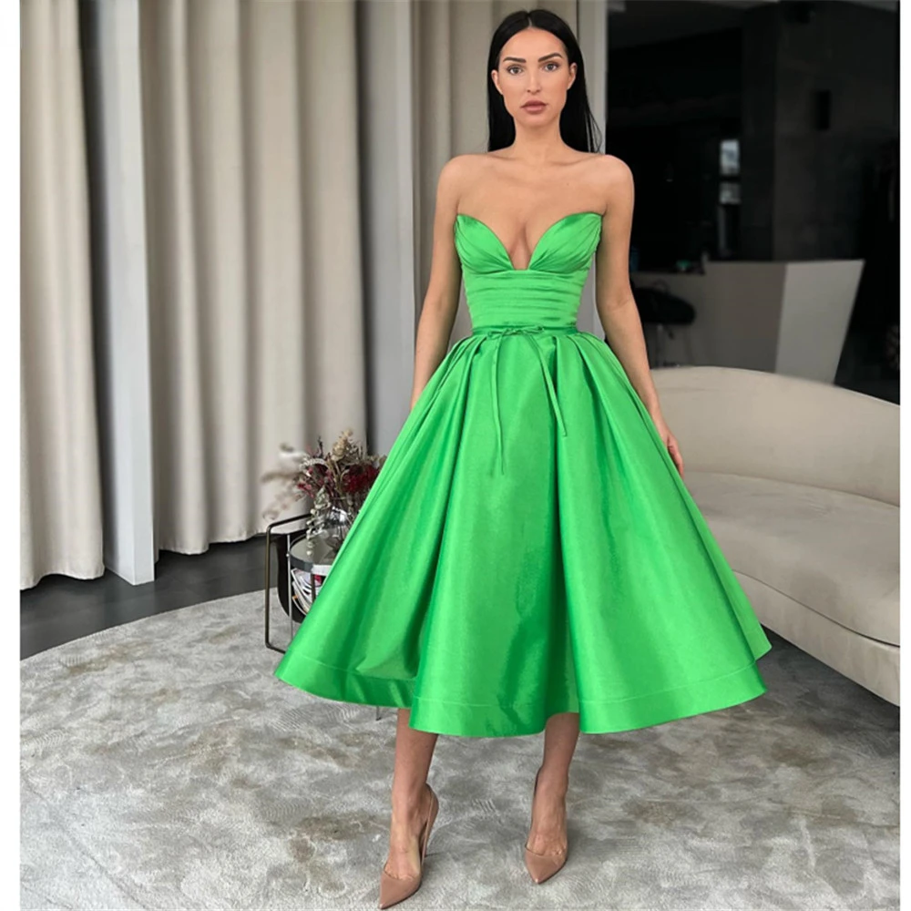 

Sweetheart Green Tea Length Prom Cocktail Dresses Women Party Sexy A-line Satin Evening Gowns With Sashes Lace-Up Back