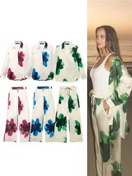 2024 Female Pants Sets Beach Style Floral Stain With Button Shirt+ Elastic Waist Wide Leg Pants Woman Summer Casaul Sets