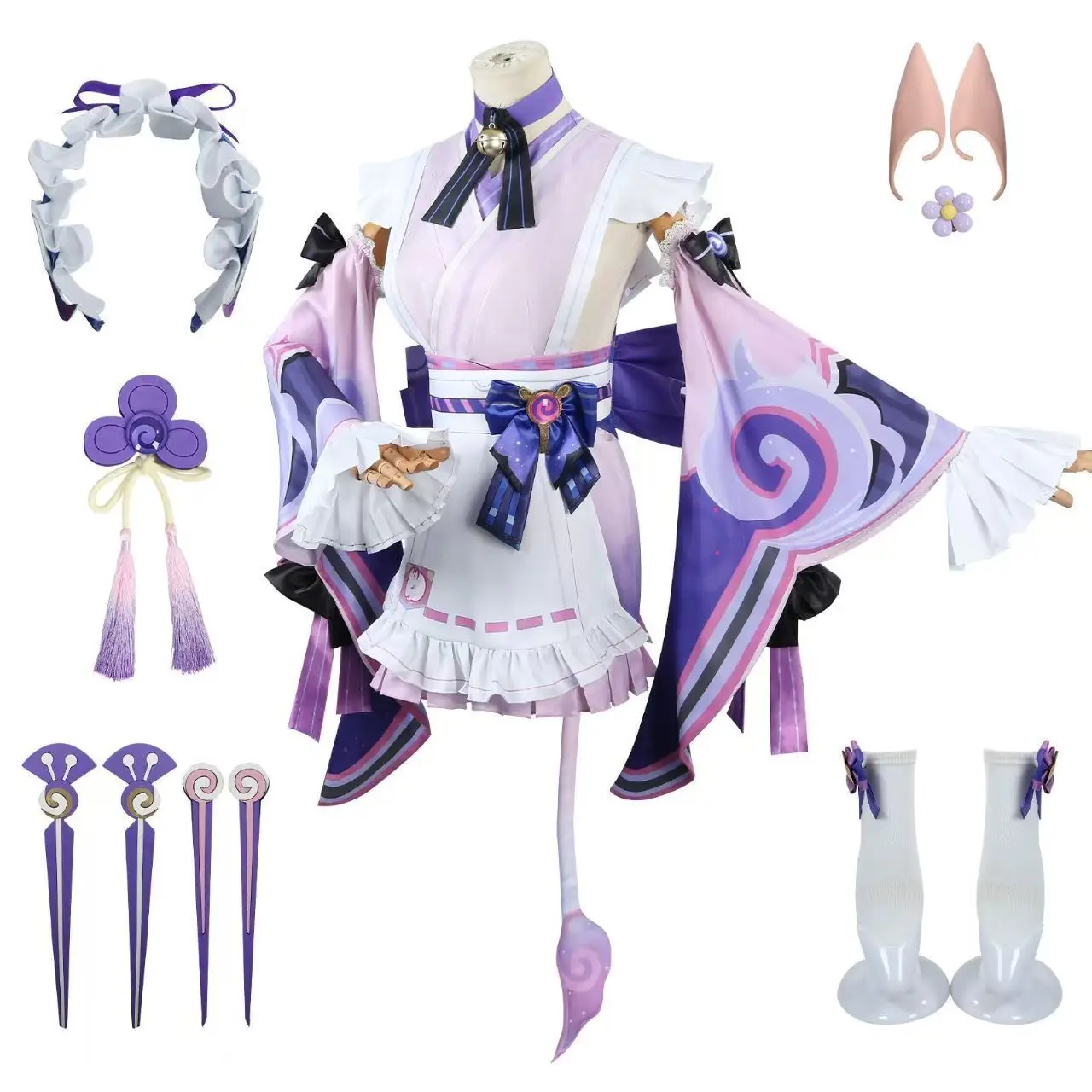 2025 Gioco Genshin Impact Yumenmisuki Mizuki Costume Cosplay Parrucca Set completo Rosa Viola Abito Copricapo Calzini Uniforme per le donne