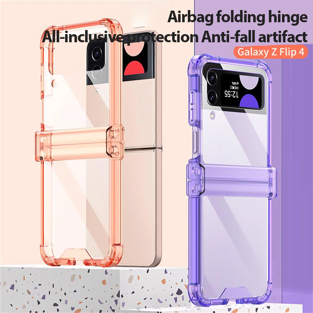 For Samsung Galaxy Z Flip 4 3 Case Colorful Transparent Folding Hinge Four Corner Shockproof Silicone Protection Hard Back Cover