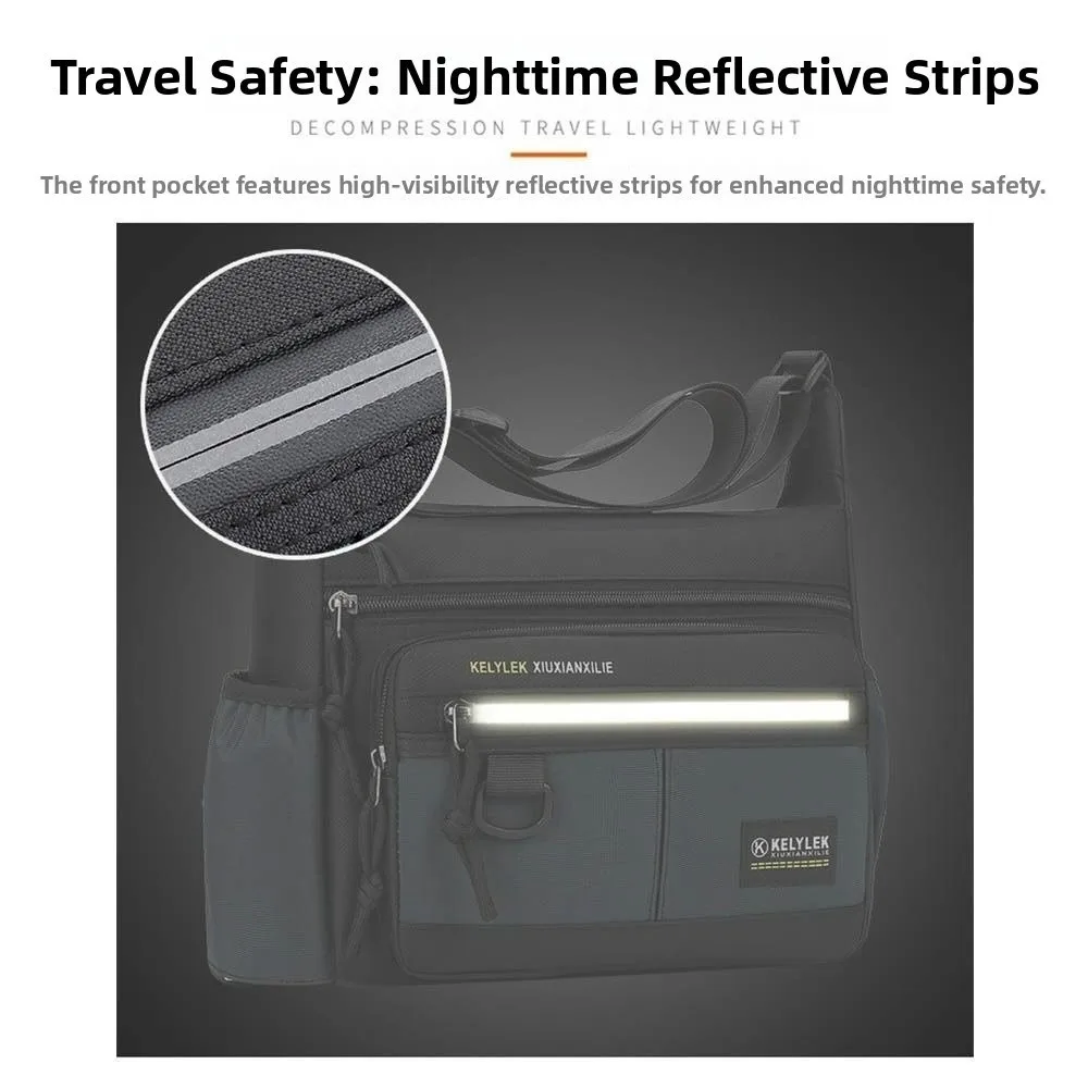 Large Capacity Men Shoulder Bag Side Pocket with Reflective Stripe Business Messenger Bag Lightweight Oxford Cloth