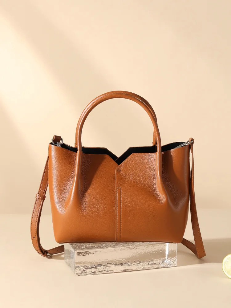 Leather women's bag senior sense fashion commuter tote top layer cowhide bag large capacity shoulder bag