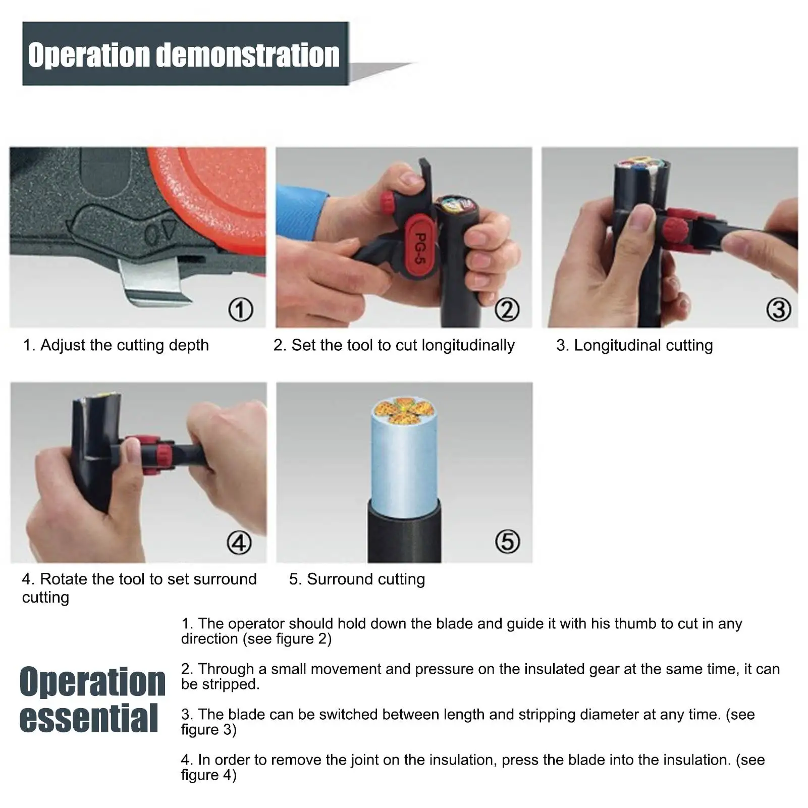 Cable Stripper Cutter Manual Longitudinal Slitter Replaceable Blade Diameter ≥25mm PG-5