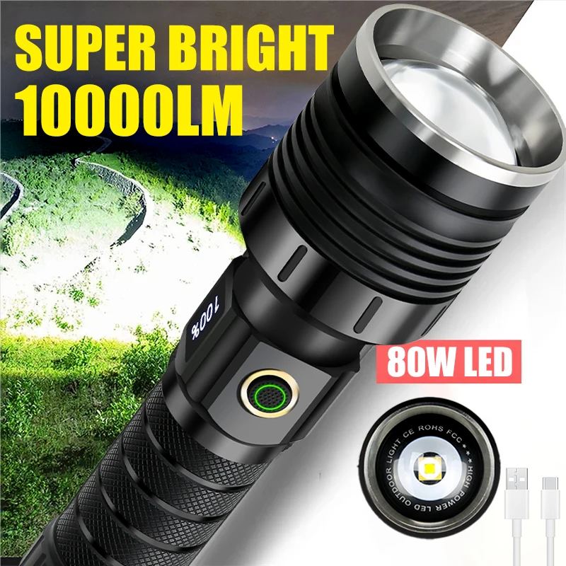Powerful  Spotlight Long Range LED Flashlight Type-C Rechargeable Telescopic Zoom Focusing Spotlight Lamp Super Bright Tactical