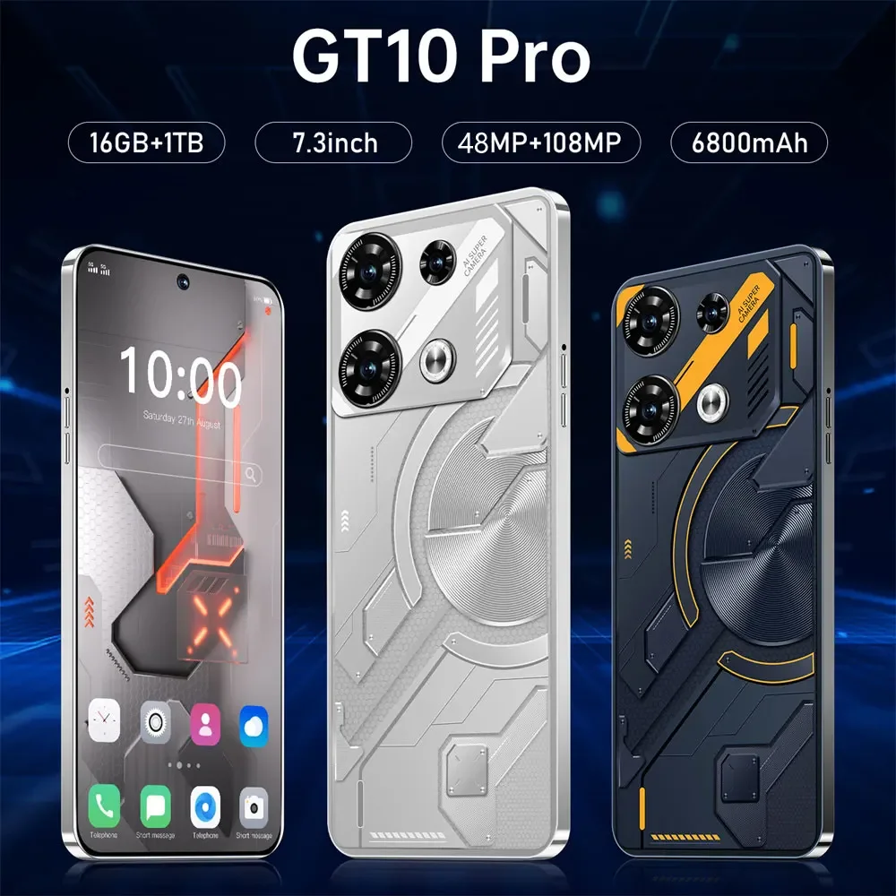 2025 GT10 Pro Smartphone originale 4G 5G 7.3HD 16G + 1T Dual Sim Cellulari Android 13 Telefono cellulare 108MP 6800mAh Smart Mobile Phone