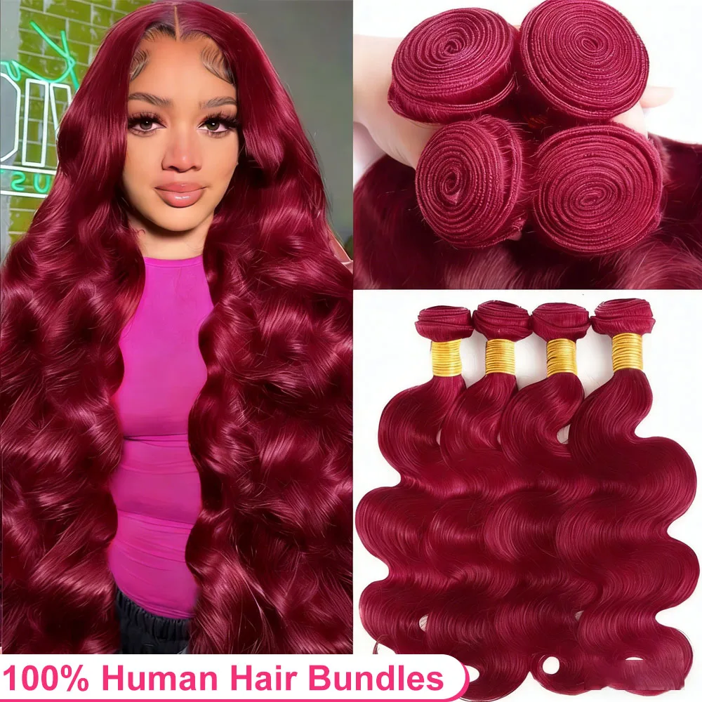 

Наборы натуральных волос Body Wave цвета бургунди, 16A, 30-40 дюймов, 99J, 100% натуральные необработанные волосы, цветные пряди для наращивания, 1, 3, 4 шт.