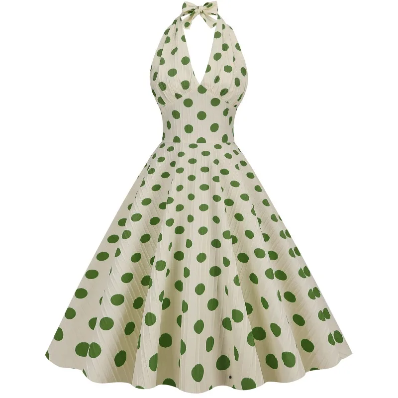 

2025 New Vintage Halterneck Polka Dots Rockabilly Cocktail Dress Hepburn Retro 50s 60s Swing Party Elegant Women Summer Dresses