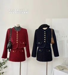 New Elegant Autumn red Short Mini Bodycon Suit Skirt Single-breasted Bow Coat 2 Pieces Suits Work Business Tweed Women Set Hot