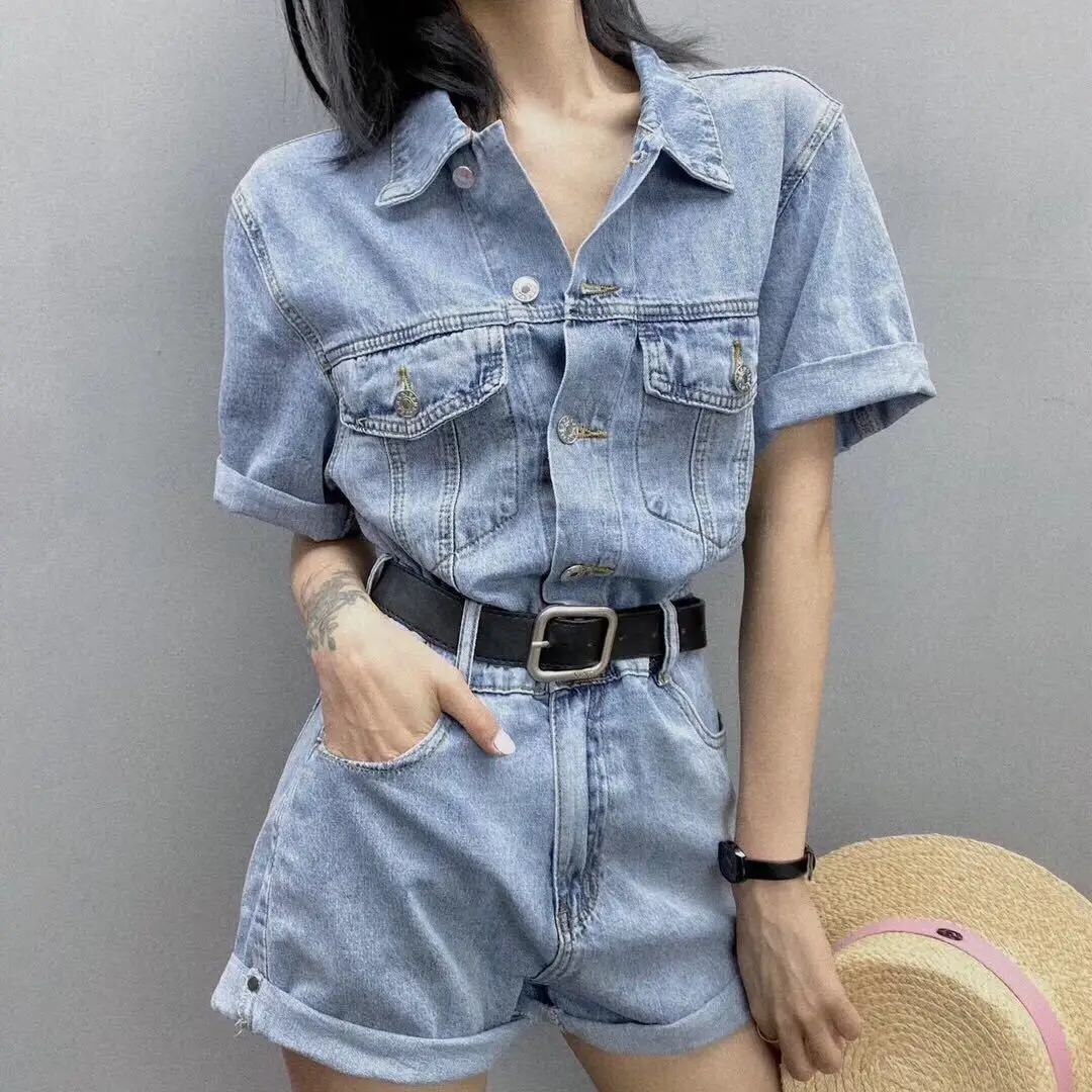 Cargo Overalls Women's 2022 Summer New High Waist Slim Wide Leg Invisible Open Crotch Convenient Denim One-Piece Shorts Jumpsuit