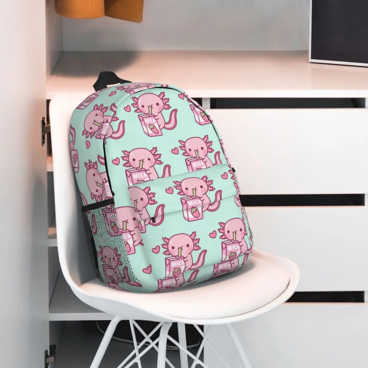 Cute Axolotl Loves Strawberry Milk Doodle Backpack Hot Sale Daypack Large Capacity Boys Girls BookBag Shoulder Bags School Bag
